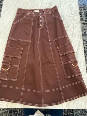 Anthropologie Brown A-Line Cargo Skirt with Contrast Stitching